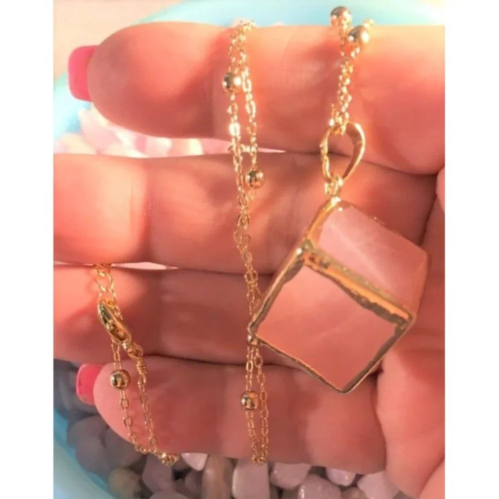 Beautiful Rose Quartz Cube on Chain